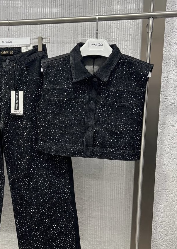 FULL PARLAK TAŞLI KOT YELEK - SIYAH