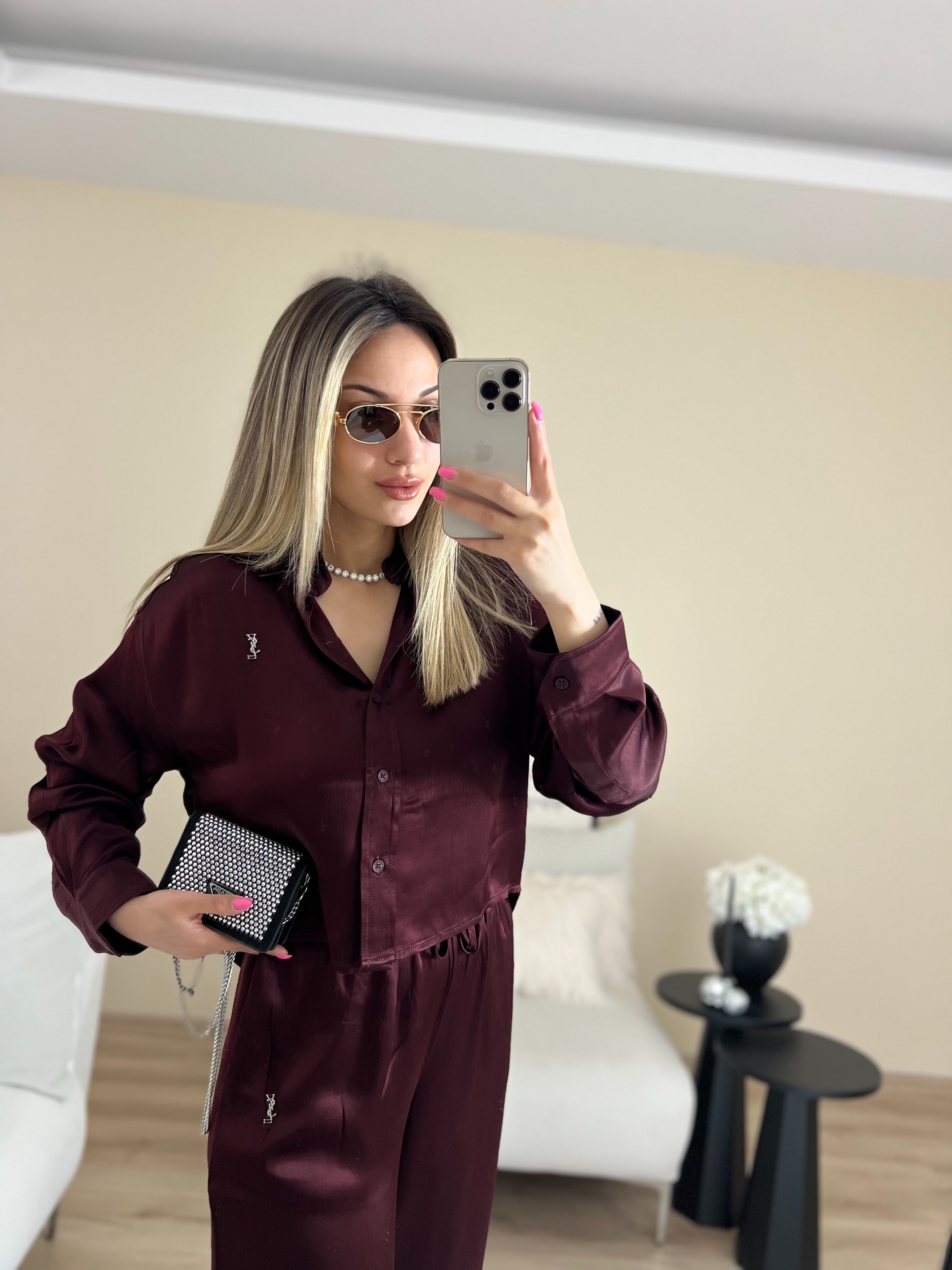 Premium Saten Bordo Gömlekli Takım - Bordo