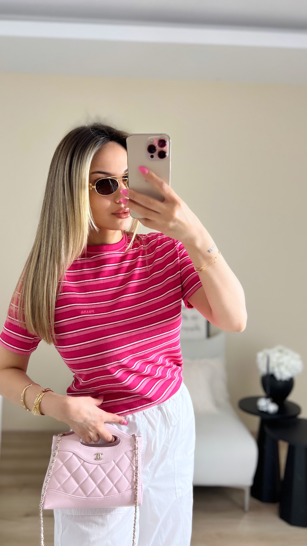 Çizgili premium pembe bluz - Pembe